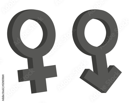 Rendering of male and female symbols 3D. Icons and symbols for men and women.