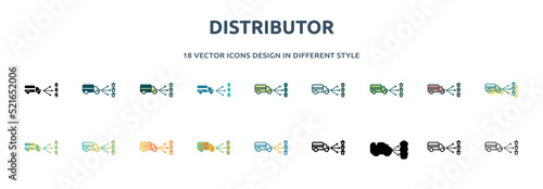 distributor icon in 18 different styles such as thin line, thick line, two color, glyph, colorful, lineal color, detailed, stroke and gradient. set of distributor vector for web, mobile, ui