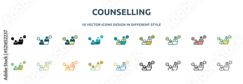 counselling icon in 18 different styles such as thin line, thick line, two color, glyph, colorful, lineal color, detailed, stroke and gradient. set of counselling vector for web, mobile, ui