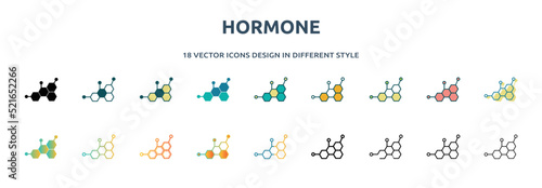 hormone icon in 18 different styles such as thin line, thick line, two color, glyph, colorful, lineal color, detailed, stroke and gradient. set of hormone vector for web, mobile, ui