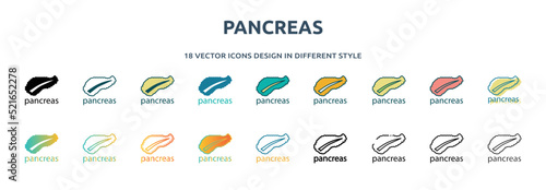 pancreas icon in 18 different styles such as thin line, thick line, two color, glyph, colorful, lineal color, detailed, stroke and gradient. set of pancreas vector for web, mobile, ui