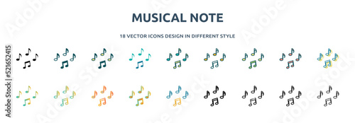 musical note icon in 18 different styles such as thin line, thick line, two color, glyph, colorful, lineal color, detailed, stroke and gradient. set of musical note vector for web, mobile, ui