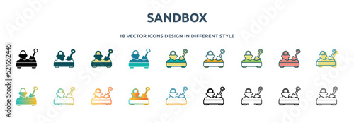 sandbox icon in 18 different styles such as thin line, thick line, two color, glyph, colorful, lineal color, detailed, stroke and gradient. set of sandbox vector for web, mobile, ui