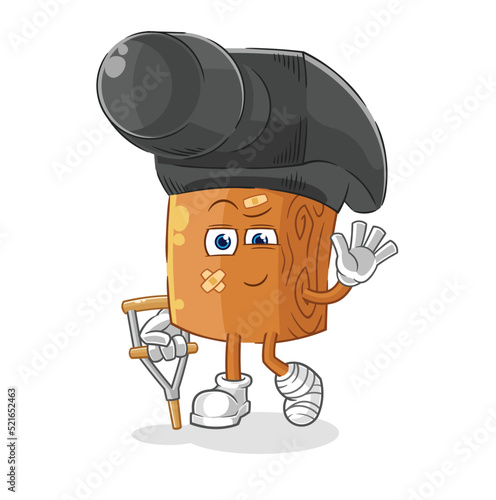 hammer sick with limping stick. cartoon mascot vector