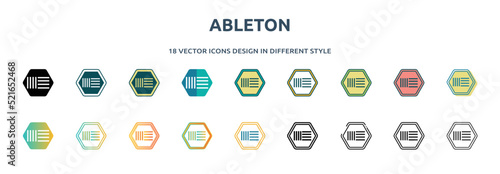 ableton icon in 18 different styles such as thin line, thick line, two color, glyph, colorful, lineal color, detailed, stroke and gradient. set of ableton vector for web, mobile, ui