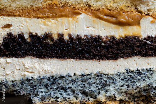 multi-layer cake with different layers, close up