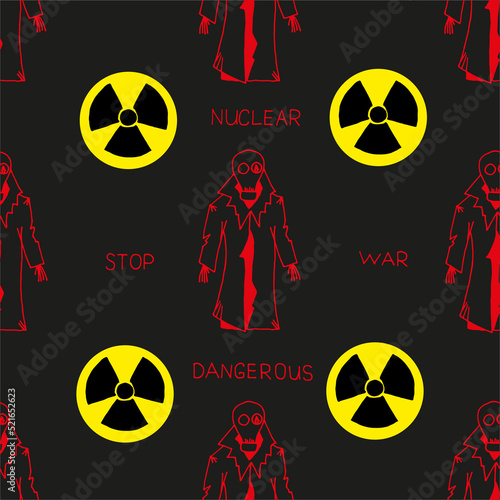 Halloween seamless scary man in a torn raincoat and a gas mask with a broken glass with hazard sign  and the inscriptions nuclear, dangerous, stop, war. Stop nuclear weapons concept.