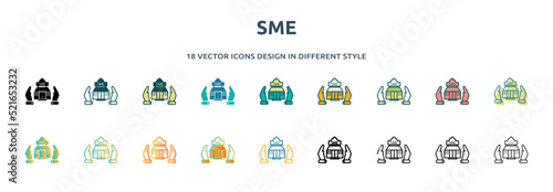 sme icon in 18 different styles such as thin line, thick line, two color, glyph, colorful, lineal color, detailed, stroke and gradient. set of sme vector for web, mobile, ui
