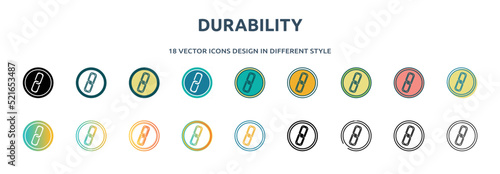 durability icon in 18 different styles such as thin line, thick line, two color, glyph, colorful, lineal color, detailed, stroke and gradient. set of durability vector for web, mobile, ui