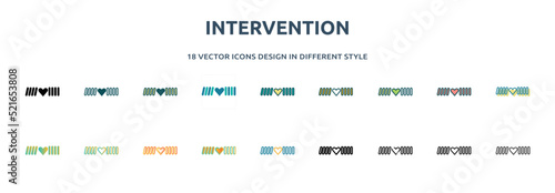 intervention icon in 18 different styles such as thin line, thick line, two color, glyph, colorful, lineal color, detailed, stroke and gradient. set of intervention vector for web, mobile, ui