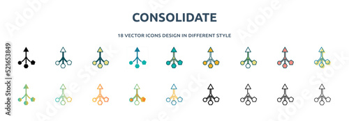 consolidate icon in 18 different styles such as thin line, thick line, two color, glyph, colorful, lineal color, detailed, stroke and gradient. set of consolidate vector for web, mobile, ui photo