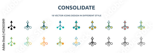 consolidate icon in 18 different styles such as thin line, thick line, two color, glyph, colorful, lineal color, detailed, stroke and gradient. set of consolidate vector for web, mobile, ui