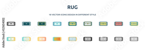rug icon in 18 different styles such as thin line, thick line, two color, glyph, colorful, lineal color, detailed, stroke and gradient. set of rug vector for web, mobile, ui