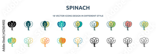 spinach icon in 18 different styles such as thin line, thick line, two color, glyph, colorful, lineal color, detailed, stroke and gradient. set of spinach vector for web, mobile, ui