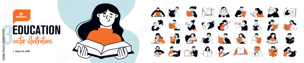 Education concept illustrations. Set of people vector illustrations in various activities of education, learning, reading book, online course and training, back to school. - obrazy, fototapety, plakaty 