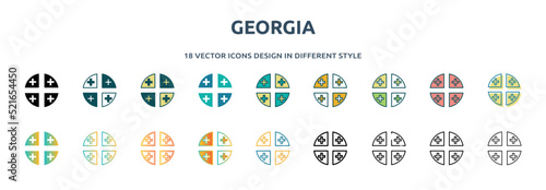 georgia icon in 18 different styles such as thin line, thick line, two color, glyph, colorful, lineal color, detailed, stroke and gradient. set of georgia vector for web, mobile, ui