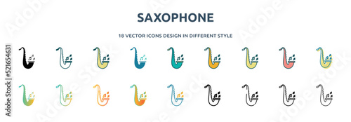 saxophone icon in 18 different styles such as thin line, thick line, two color, glyph, colorful, lineal color, detailed, stroke and gradient. set of saxophone vector for web, mobile, ui