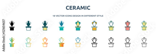 ceramic icon in 18 different styles such as thin line, thick line, two color, glyph, colorful, lineal color, detailed, stroke and gradient. set of ceramic vector for web, mobile, ui