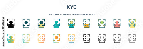 kyc icon in 18 different styles such as thin line, thick line, two color, glyph, colorful, lineal color, detailed, stroke and gradient. set of kyc vector for web, mobile, ui photo