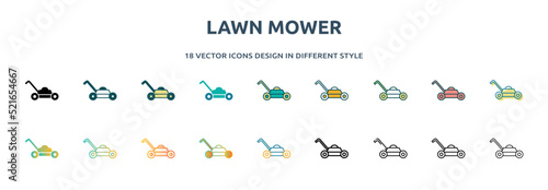 lawn mower icon in 18 different styles such as thin line, thick line, two color, glyph, colorful, lineal color, detailed, stroke and gradient. set of lawn mower vector for web, mobile, ui