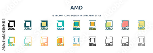 amd icon in 18 different styles such as thin line, thick line, two color, glyph, colorful, lineal color, detailed, stroke and gradient. set of amd vector for web, mobile, ui photo
