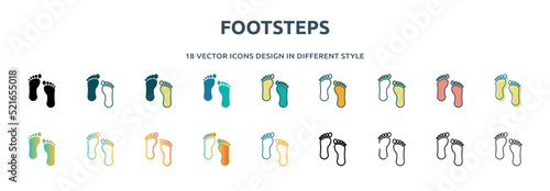 footsteps icon in 18 different styles such as thin line, thick line, two color, glyph, colorful, lineal color, detailed, stroke and gradient. set of footsteps vector for web, mobile, ui