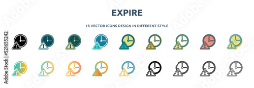 expire icon in 18 different styles such as thin line, thick line, two color, glyph, colorful, lineal color, detailed, stroke and gradient. set of expire vector for web, mobile, ui