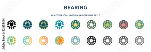 bearing icon in 18 different styles such as thin line, thick line, two color, glyph, colorful, lineal color, detailed, stroke and gradient. set of bearing vector for web, mobile, ui
