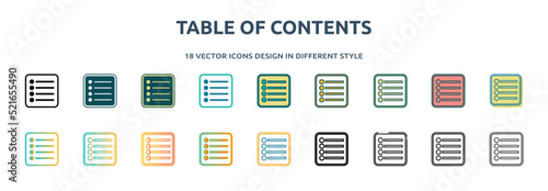 table of contents icon in 18 different styles such as thin line, thick line, two color, glyph, colorful, lineal color, detailed, stroke and gradient. set of table of contents vector for web, mobile,