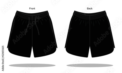 Blank black shorts pants gym, running has an inner lining fabric template on white background. Front and back views, vector file.