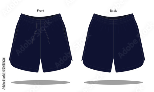 Blank Navy Blue Shorts Pants Running Template on White Background. Front and Back View, Vector File.