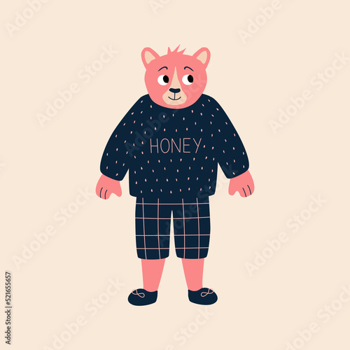 Cute pink bear in sweatshirt "HONEY" and shorts hand drawn vector illustration. Funny animal character in flat style for kids alphabet. The letter "B".