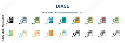 diage icon in 18 different styles such as thin line, thick line, two color, glyph, colorful, lineal color, detailed, stroke and gradient. set of diage vector for web, mobile, ui