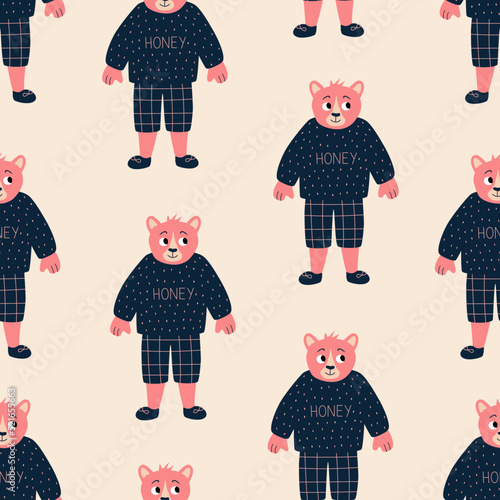 Adorable pink bear in sweatshirt "HONEY" and shorts hand drawn vector illustration. Funny animal character in clothes seamless pattern for children fabric or wallpaper.
