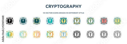 cryptography icon in 18 different styles such as thin line, thick line, two color, glyph, colorful, lineal color, detailed, stroke and gradient. set of cryptography vector for web, mobile, ui
