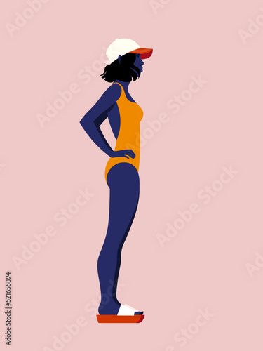 A profile of a young African woman in a swimsuit. A full-length human figure. Summer beach and swimming pool. Vector flat illustration