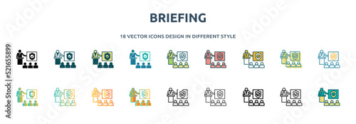 briefing icon in 18 different styles such as thin line, thick line, two color, glyph, colorful, lineal color, detailed, stroke and gradient. set of briefing vector for web, mobile, ui