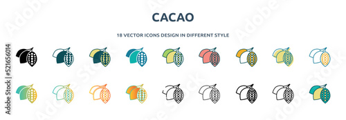 cacao icon in 18 different styles such as thin line, thick line, two color, glyph, colorful, lineal color, detailed, stroke and gradient. set of cacao vector for web, mobile, ui