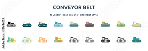 conveyor belt icon in 18 different styles such as thin line, thick line, two color, glyph, colorful, lineal color, detailed, stroke and gradient. set of conveyor belt vector for web, mobile, ui