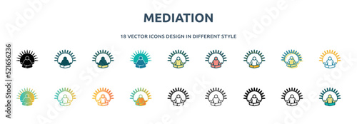 mediation icon in 18 different styles such as thin line, thick line, two color, glyph, colorful, lineal color, detailed, stroke and gradient. set of mediation vector for web, mobile, ui