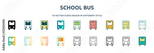 school bus icon in 18 different styles such as thin line, thick line, two color, glyph, colorful, lineal color, detailed, stroke and gradient. set of school bus vector for web, mobile, ui