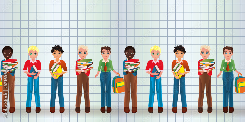 Obraz premium Back to school, young friend boy and girl in school uniform. seamless pattern. vector illustration 