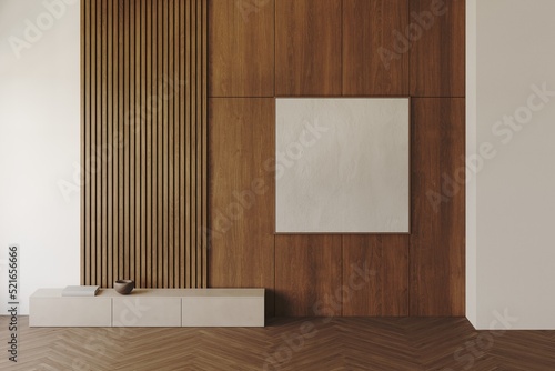 empty poster frame on wooden decorative wall in living room interior with tv cabin, with 3d render, wooden parquet