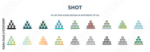 shot icon in 18 different styles such as thin line, thick line, two color, glyph, colorful, lineal color, detailed, stroke and gradient. set of shot vector for web, mobile, ui