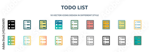 todo list icon in 18 different styles such as thin line, thick line, two color, glyph, colorful, lineal color, detailed, stroke and gradient. set of todo list vector for web, mobile, ui