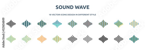 sound wave icon in 18 different styles such as thin line, thick line, two color, glyph, colorful, lineal color, detailed, stroke and gradient. set of sound wave vector for web, mobile, ui