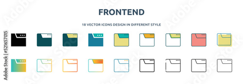 frontend icon in 18 different styles such as thin line, thick line, two color, glyph, colorful, lineal color, detailed, stroke and gradient. set of frontend vector for web, mobile, ui