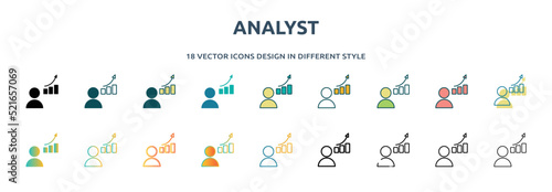 analyst icon in 18 different styles such as thin line, thick line, two color, glyph, colorful, lineal color, detailed, stroke and gradient. set of analyst vector for web, mobile, ui