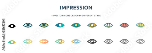 impression icon in 18 different styles such as thin line, thick line, two color, glyph, colorful, lineal color, detailed, stroke and gradient. set of impression vector for web, mobile, ui