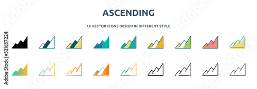 ascending icon in 18 different styles such as thin line, thick line, two color, glyph, colorful, lineal color, detailed, stroke and gradient. set of ascending vector for web, mobile, ui